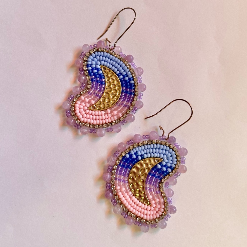 Sunset pink blue crescent moon beaded earrings